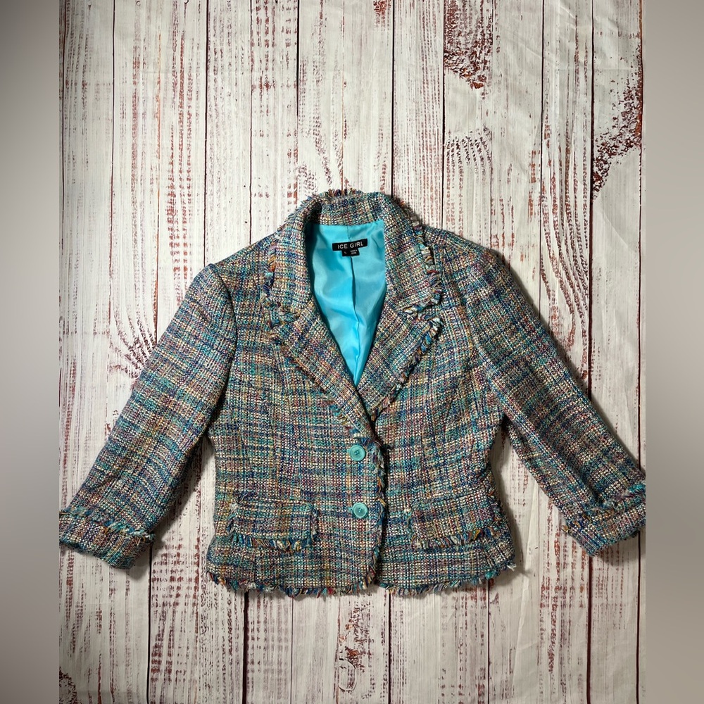 Chic Multi Color Tweed Blazer by Ice Girl 3/4 sleeve 2 button